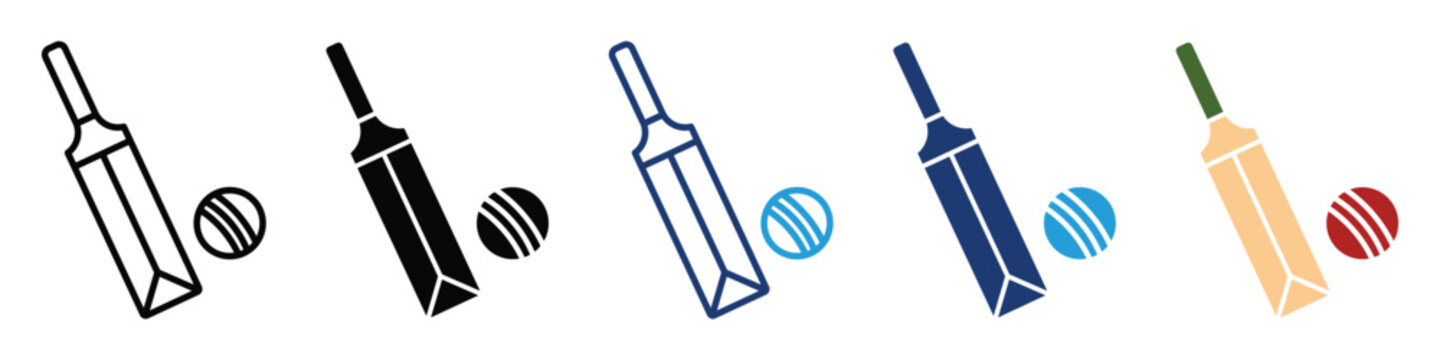 Cricket Bat and Ball Icon Set in Outline and Filled Styles. Sports Equipment Symbol. Vector Illustration Isolated on Transparent Background