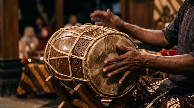 Close up of a musician's hands playing a traditional carved wooden kendang drum during an Indonesian cultural performance, wearing batik.