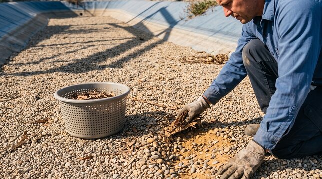 Technician examines porous gravel on a drought resilience basin