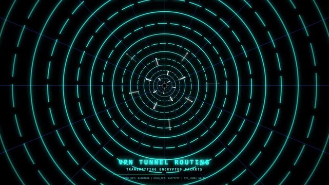 VPN tunnel routing with secure connection, digital network protection, and cybersecurity privacy concept, tech background, seamless looping video