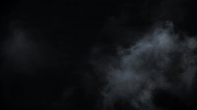 Spooky cinematic smoke VFX element with mysterious white haze slowly drifting in darkness, creating an atmospheric Halloween mood. Abstract volumetric smoke cloud floating in slow motion on black 