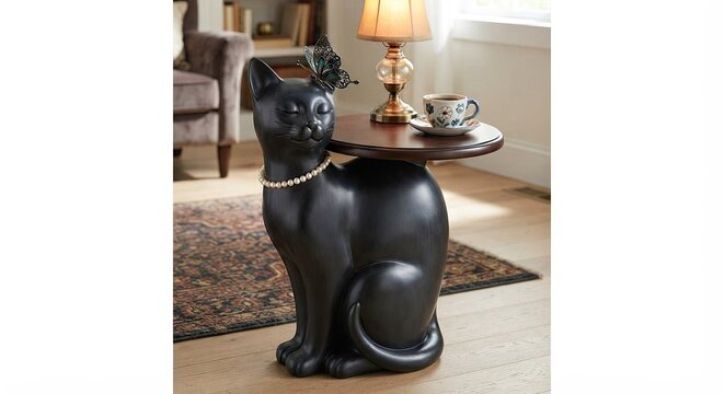 Black cat shaped side table with pearl necklace and wooden top