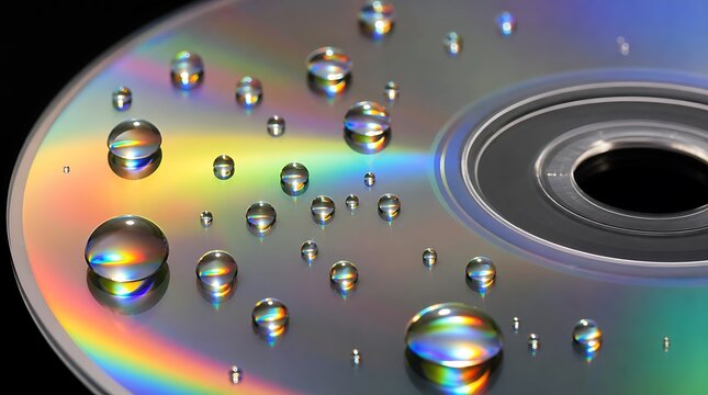 Macro water droplets on iridescent optical compact disc surface highlighting rainbow light reflection and liquid texture