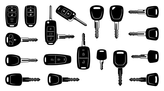 Automotive car key and remote control fob vector icon collection featuring filled black silhouette styles of smart transponder keys and alarm fobs