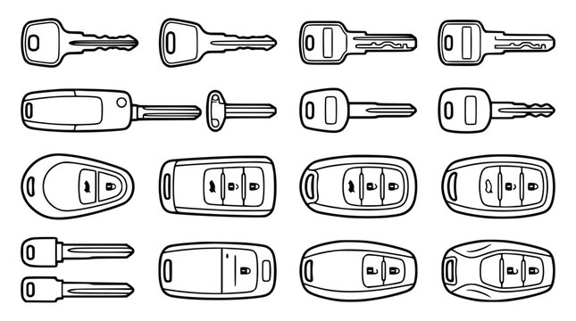 Automotive car key and remote keyless entry fob icon collection featuring electronic smart keys and metal mechanical ignition keys in outline style