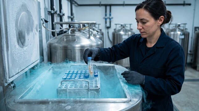 Marine biologist storing coral reproductive samples in cryobank