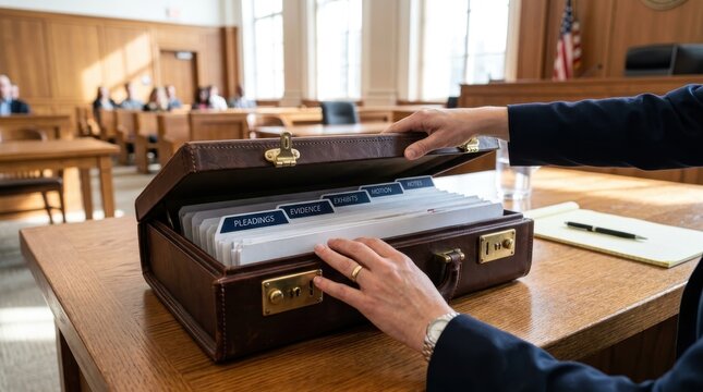 Lawyer opening briefcase with legal documents and organized case files on desk in courtroom