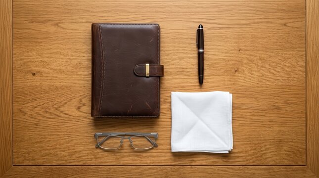 Flat lay of a leather-bound journal, reading glasses, a pen, and a folded white napkin on a wooden desk surface