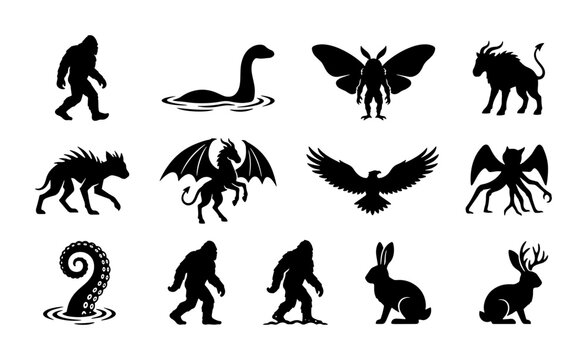 70 Mythical Creatures and Cryptids Vector Silhouettes, Fantasy Beasts, Folklore Icons, Bigfoot, Loch Ness Monster, Mothman, Kraken, Mythological Animals 100