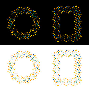 Set of decorative golden floral frames with round and rectangular shapes isolated on black and white backgrounds