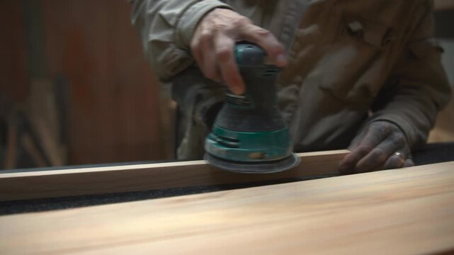 Carpenter sanding wooden plank with orbital sander in bright workshop, close-up of hands shaping timber surface with dust, grain, and focused craftsmanship, with sanding, carpenter, sander, wood