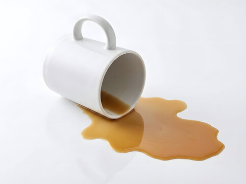 Spilled Coffee Mug on White Background with Milk Coffee Stain | White Ceramic Cup Tipped Over with Spilled Coffee Liquid | Accidental Coffee Spill on Clean White Surface Minimalist Stock Photo
