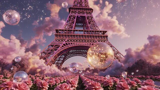 Dreamlike Paris Scene Featuring Pink Roses in Foreground and the Eiffel Tower
