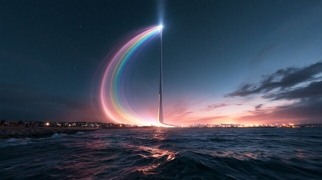 Rainbow Light Beam Tower Beacon Over Ocean Sunset