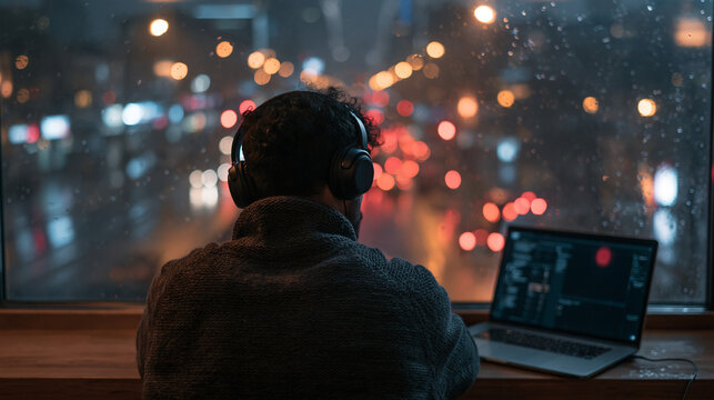 Person with Headphones at Night Cityscape Window