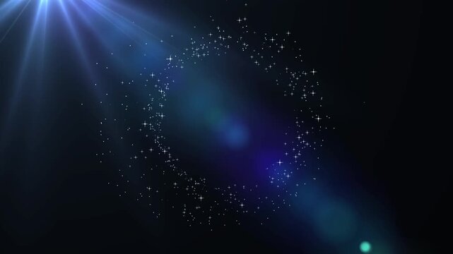 Blue light glitter star tail with optical flare shimmer magic glittering sparkling glare effect on black background. Glowing star light trail with magic swirl, Shimmering Glittering Particles 4K