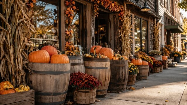 Autumn pumpkin and cornstalk display on a small town street