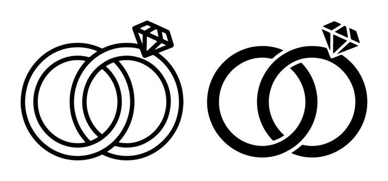 Interlocking Wedding Rings Vector Icons, Engagement Symbol, Marriage Jewelry, Love Symbol, Two Rings, Diamond Accent, Black and White Graphics
