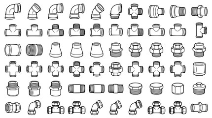 Fototapeta premium Plumbing Pipe Fitting Vector Icon Set Featuring Various Couplings Elbows Tees Crosses Adapters and Plugs For Industrial Water Pipeline Engineering Graphic Design Elements