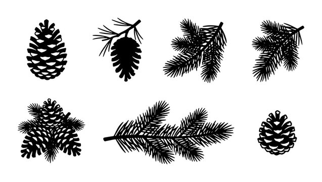 70 Pinecone and Fir Branch Silhouettes, Winter Nature Elements Set, Black and White Vector Graphics for Seasonal Design 100