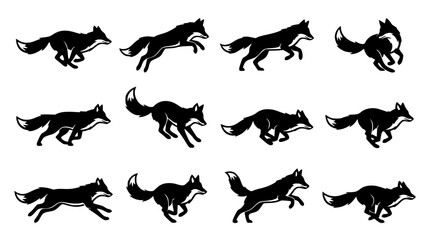 Obraz premium Running Fox Silhouette and Line Art Vector Set with Jumping, Leaping, and Prowling Wildlife Animals for Dynamic Brand Logos and Outdoor Graphics
