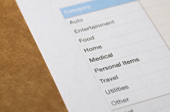 Household budget category checklist document showing personal financial planning