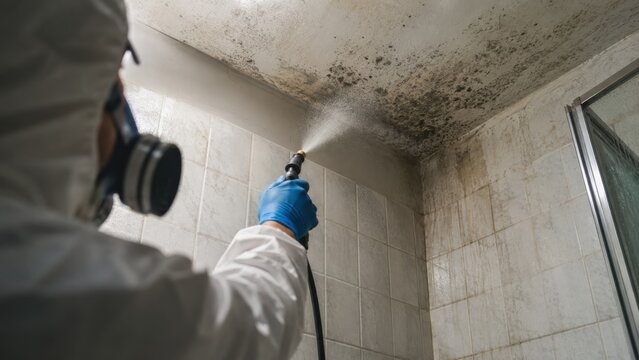Specialist spraying black mold on bathroom ceiling corner
