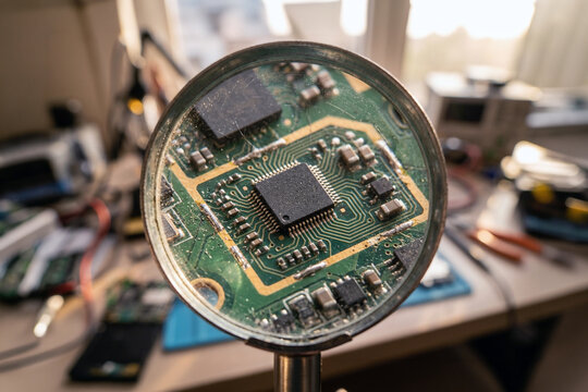 Microchip on a green circuit board under a magnifying glass