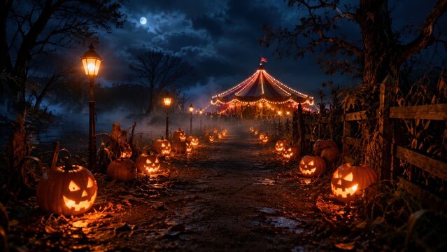 Jack-o-lantern pathway leading to glowing carnival tent at night