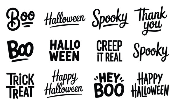 A festive set of hand-lettered Halloween phrases and puns with bold black calligraphy on a bright white studio background.