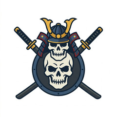 Obraz premium Pixel art samurai skulls with crossed swords and shield emblem.