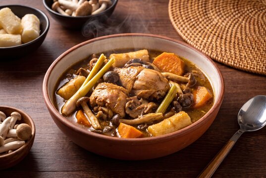 Traditional Congolese Soso Ya Lamba Chicken Stew with Lemongrass Mushrooms and Sweet Potatoes in Bowl