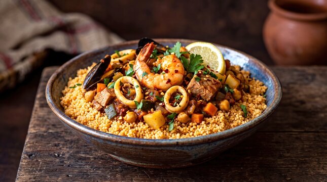 A vibrant bowl of traditional Tunisian spicy seafood couscous topped with shrimp, lemon, and fresh herbs.
