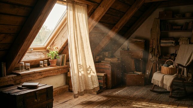 Sunlit attic room with rustic vintage decor.