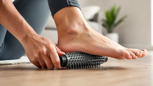 Person using spiky foot massage roller for arch relief
