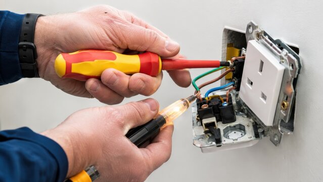Electrician wiring wall socket with insulated tools