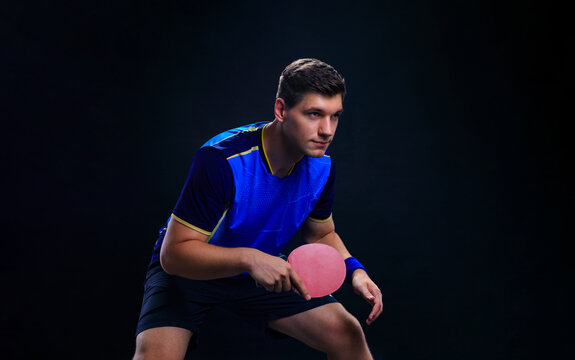 Table tennis player in action. Ping pong banner. Download a photo of a table tennis player for a tenis racket packaging design. Image for tennis ball box template.