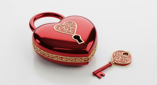 Red heart shaped locket with intricate gold key on white background