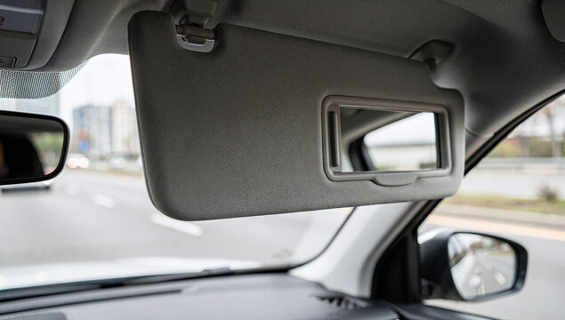 Grey fabric sun visor with an exposed vanity mirror lowered inside an automobile cabin against a blurred road and city background
