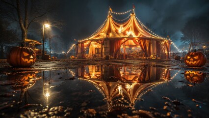 Obraz premium Halloween carnival tent with glowing pumpkins reflected in rain