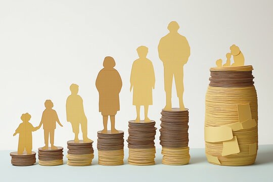older man standing with money coins saving for concept pension and retirement planning in paper cut style