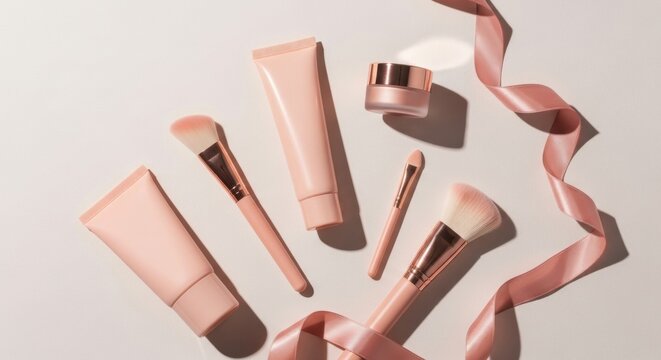 Elegant pink cosmetics and makeup brushes with ribbon on soft background