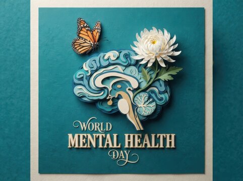 World mental health day concept featuring cross section anatomical brain with monarch butterfly and white flower