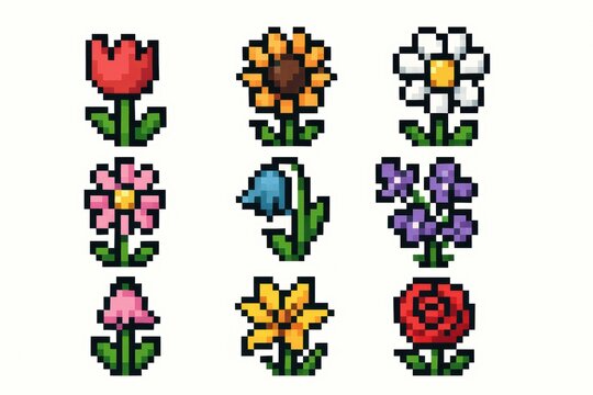 Colorful pixel art flowers collection featuring nine unique floral designs