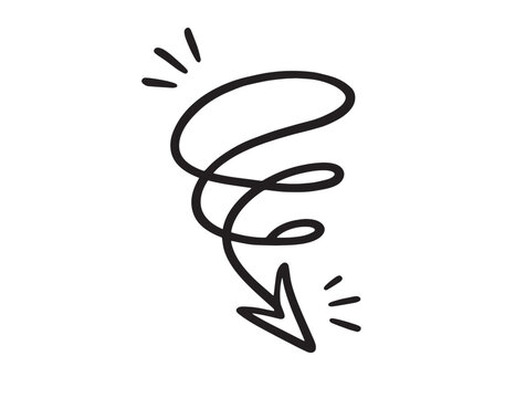 A swirling hand-drawn arrow doodle with a spiral tail and motion lines indicating downward flow.