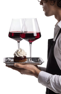 Profile Shot of Waiter Holding Wine and Dessert Tray Illustration Isolated on a Transparent Background
