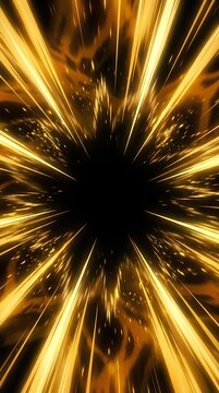 Abstract golden light burst and motion lines radiating from dark center.