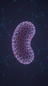 3D microscopic view of a cell structure with hexagonal pattern on dark background.