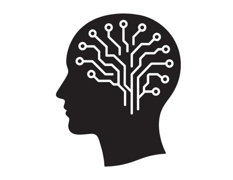 A detailed black silhouette of a human head profile containing a complex circuit board brain icon.