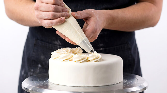 Pastry chef decorating a cake. Professional baker piping frosting on a white dessert.